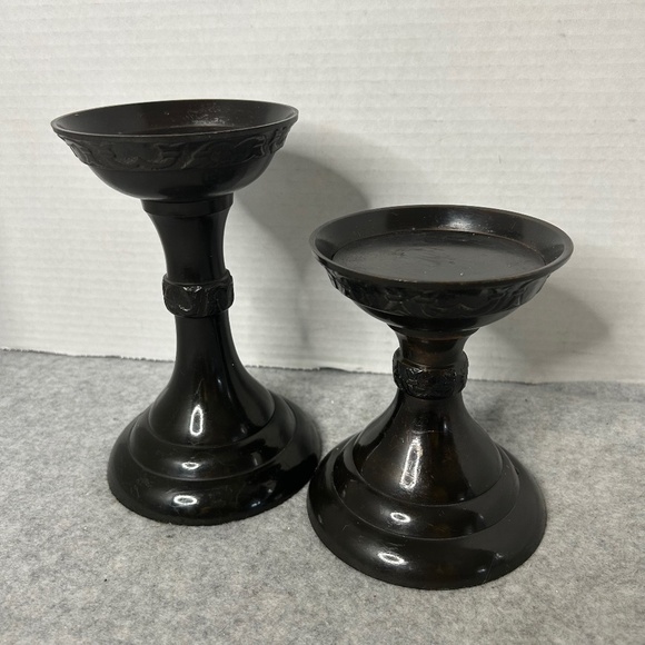 Pottery Barn Metal Candle Pillars Etched Set of 2 Black Brown Sml Flaw See Pic